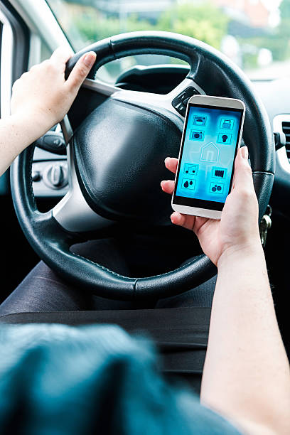 istock Use of home automation app for household appliances while driving 542199706