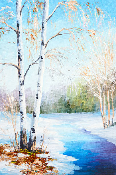 ilustrações, clipart, desenhos animados e ícones de paisagem de inverno pintura a óleo, rio congelado na floresta, colorido - backgrounds canvas cold color image