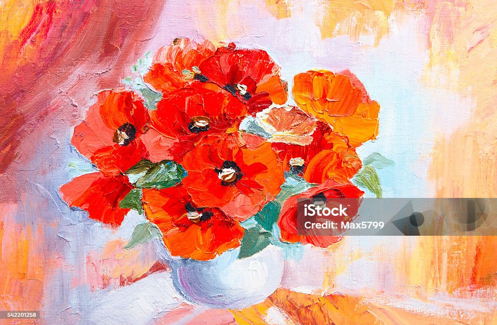 Oil painting still life, abstract watercolor bouquet of poppies Oil painting still life, abstract watercolor bouquet of poppies in a table Abstract stock illustration