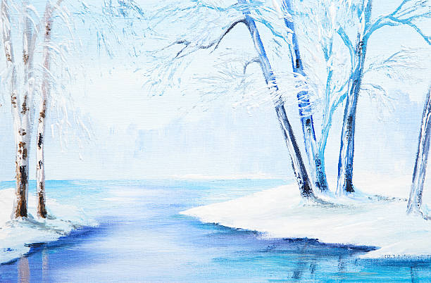 illustrations, cliparts, dessins animés et icônes de peinture à l’huile - paysage d’hiver, aquarelle colorée - backgrounds canvas cold color image