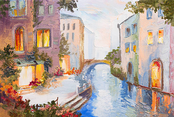 Oil painting - canal in Venice, Italy, modern impressionism, colorful Oil painting - canal in Venice, Italy, modern impressionism, colorful venezia stock illustrations