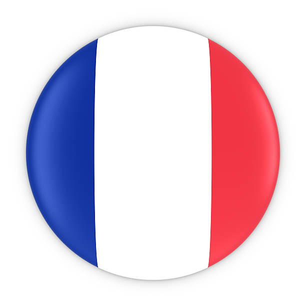 french flag button - flag of france badge 3d illustration - french flag imagens e fotografias de stock