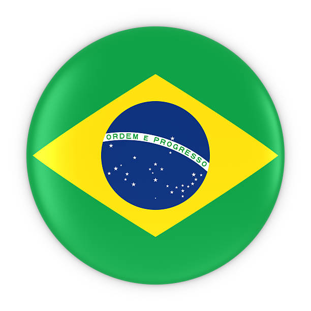botão da bandeira do brasil - bandeira do brasil crachá 3d ilustração - brazilian flag brazil flag three dimensional shape - fotografias e filmes do acervo