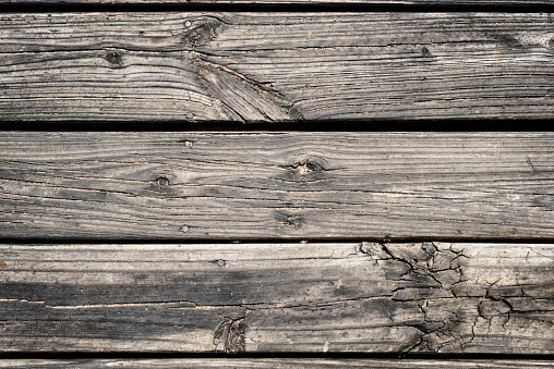 Close up top view of grunge wood panel floor surface, hipster rustic background texture.