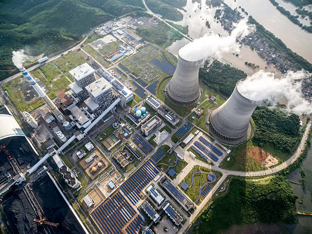 공중 발전소 - global warming power station smoke stack coal 뉴스 사진 이미지