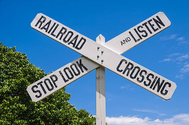An old rural railroad crossing sign advising drivers to stop, look and listen for oncoming trains.
