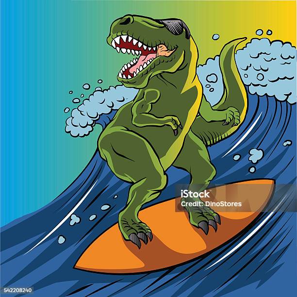 Cartoon Illustration Of A Dinosaur Surfing Stock Illustration - Download Image Now - Dinosaur, Humor, Surfing