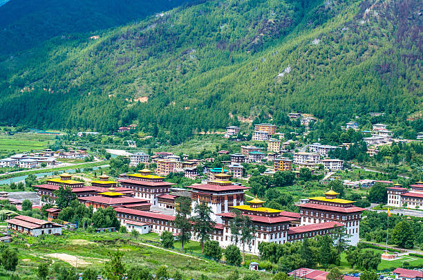 Aerial View of Thimphu Dzong Tashichho Dzong, or Thimphu Dzong, in the capital city of Bhutan bhutan stock pictures, royalty-free photos & images
