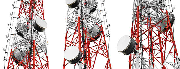 telecommunication towers with tv antennas and satellite dish, isolated - satellite dish television aerial isolated satellite tv imagens e fotografias de stock