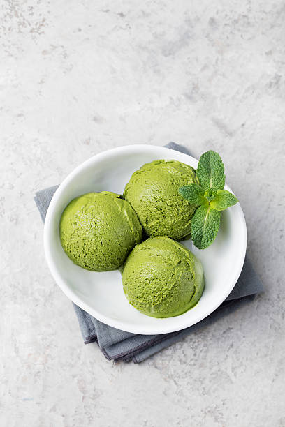 istock Green tea matcha ice cream in white bowl Top view. 542213710