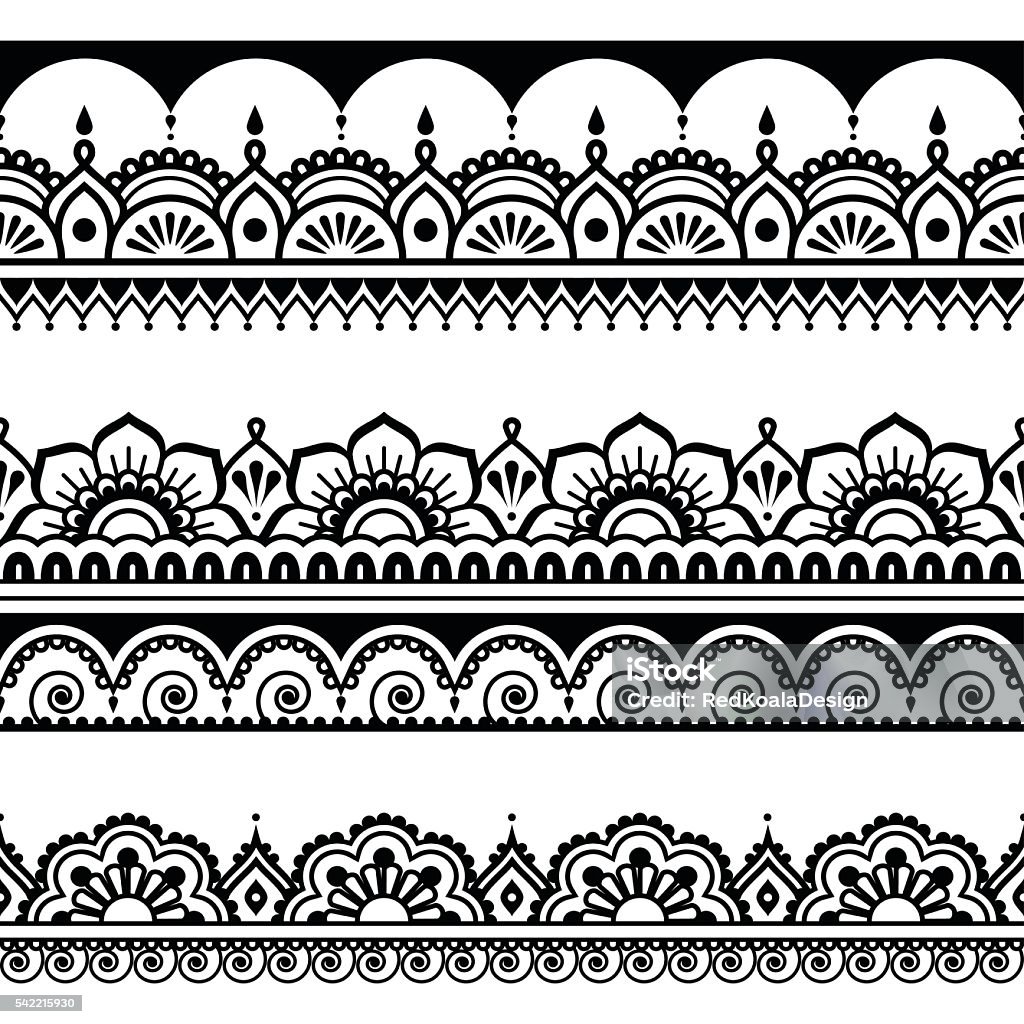Indian seamless pattern, design elements - Mehndi tattoo style Vector long black ornament - orient traditional style on white Arabic Style stock vector