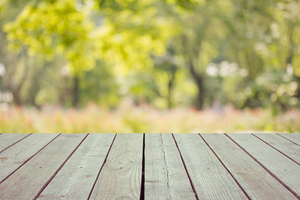 istock wood table and blurred garden cafe light background. 542217770