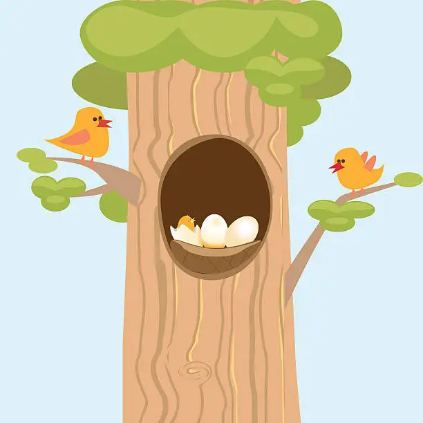Vector illustration of the family of birds and hollow with Chicks