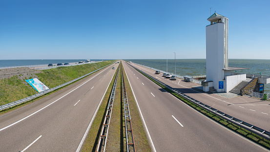 Watch tower at the 'Afsluitdijk' dike dam of the former Zuiderzee, now called the IJsselmeer in the Netherlands. With this dam new polders could be created.
