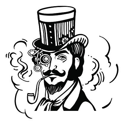 Steampunk man in top hat and glasses with the beard and moustache and a smoking pipe, retro, vector illustration, man, steampunk, industrial, machine, vintage, sketch, hand drawn