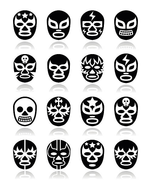 ilustrações de stock, clip art, desenhos animados e ícones de lucha libre, lutador luta mexicana máscaras de ícones em preto branco - wrestling mask