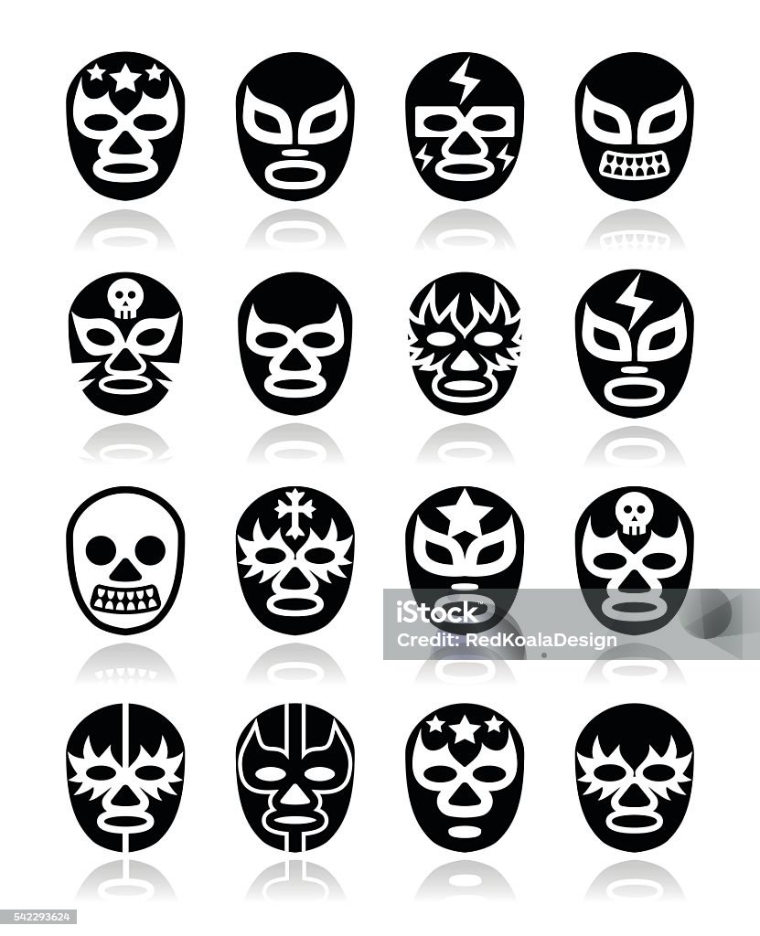 Lucha libre, luchador Mexican wrestling white masks icons on black Vector icons set of masks worn during wrestling fights in Mexico isolated on white Mask - Disguise stock vector