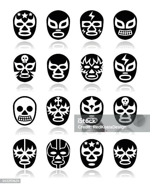 Lucha Libre Luchador Mexican Wrestling White Masks Icons On Black Stock Illustration - Download Image Now