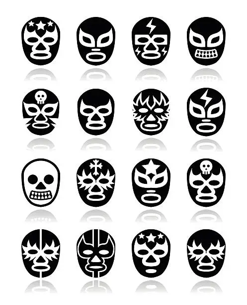 Vector illustration of Lucha libre, luchador Mexican wrestling white masks icons on black