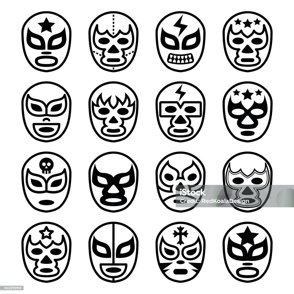 Lucha Libre Mexican wrestling masks - line black icons Vector icons set of masks worn during wrestling fights in Mexico isolated on white  Lucha Libre stock vector