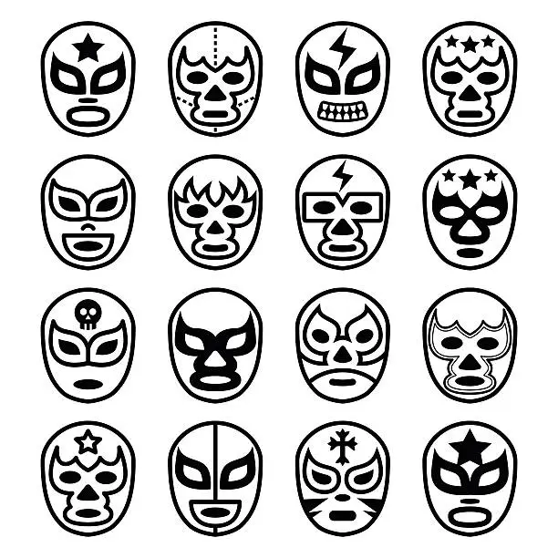 Vector illustration of Lucha Libre Mexican wrestling masks - line black icons