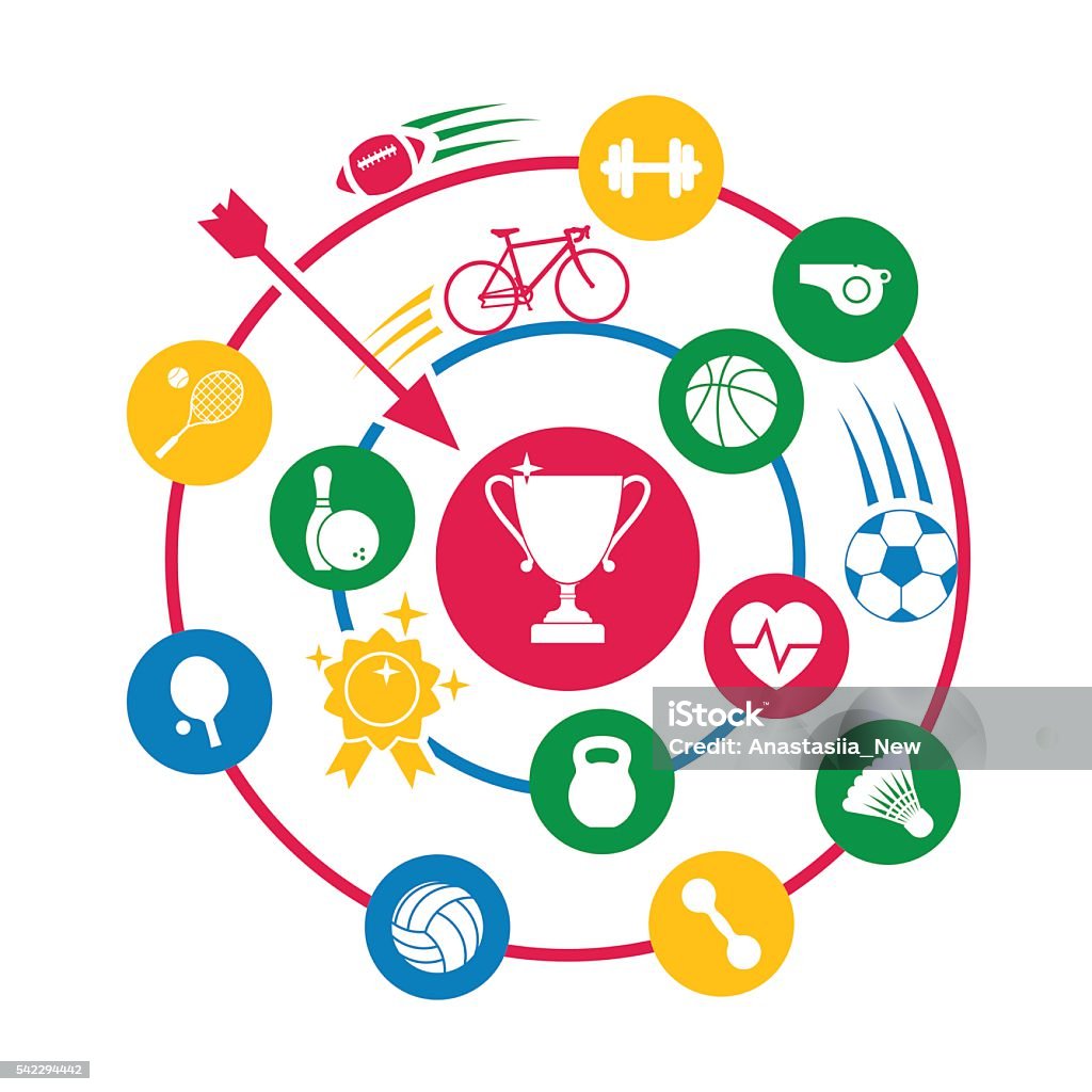 Sport concept, abstract circle with icons of sports accessories Sport concept, abstract circle with icons of sports accessories and equipment. Winning cup among  set icons of sport. Vector illustration. Sports background. Design logo for fitness centers and gyms. Activity stock vector