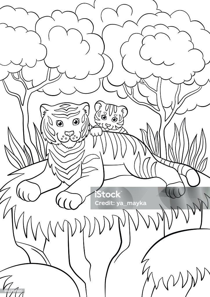 Coloring pages. Wild animals. Smiling mother tiger with her baby Coloring pages. Wild animals. Smiling mother tiger with her little cute baby tiger in the forest. Animal stock vector