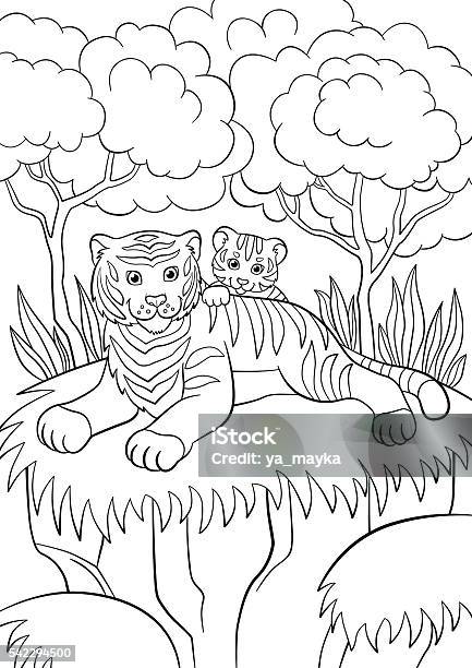 Coloring Pages Wild Animals Smiling Mother Tiger With Her Baby Stock Illustration - Download Image Now