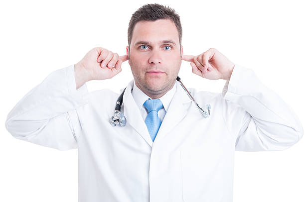 Concept of male medic or doctor making deaf gesture stock photo