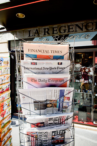 Strasbourg, France - June 24, 2016: International New York Times, Financial Times, The Daily Telegraph, The Guardian and other major newspapers headline titles at press kiosk about the Brexit referendum in United Kingdom which has decidedthe country wishes to quit the European Union