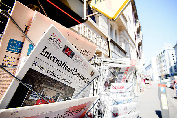 Strasbourg, France - June 24, 2016: International New York Times and other major newspapers headline titles at press kiosk about the Brexit referendum in United Kingdom which has decidedthe country wishes to quit the European Union