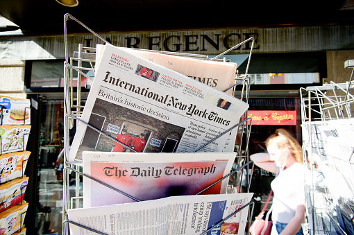 Strasbourg, France - June 24, 2016: International New York Times, Financial Times, The Daily Telegraph and other major newspapers headline titles at press kiosk about the Brexit referendum in United Kingdom which has decidedthe country wishes to quit the European Union