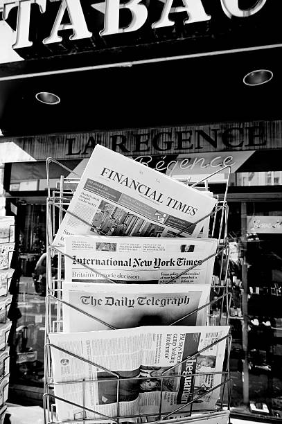 Strasbourg, France - June 24, 2016: International New York Times, Financial Times, The Daily Telegraph and other major newspapers headline titles at press kiosk about the Brexit referendum in United Kingdom which has decidedthe country wishes to quit the European Union