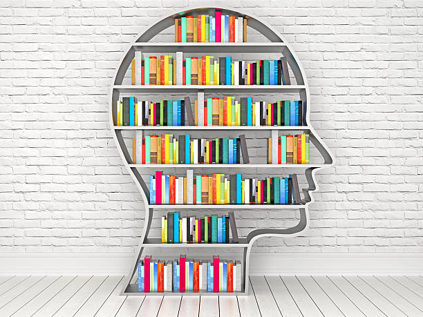 istock Head with a bookshelf in front of white brick wall 542297396