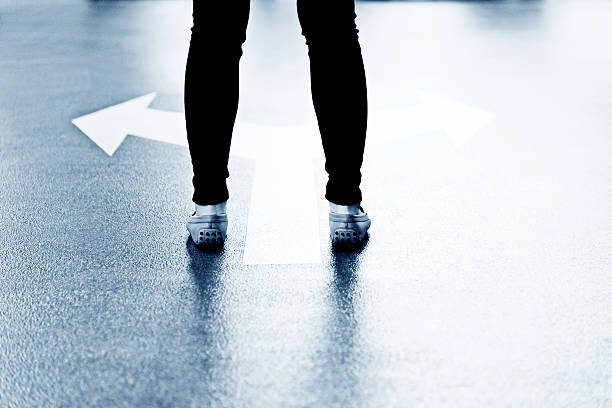 istock Feet and two arrows painted on floor 542297988