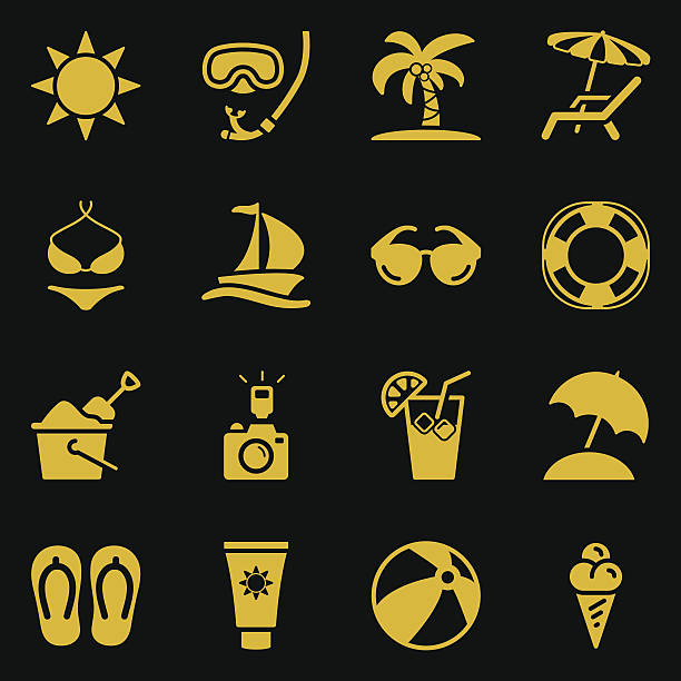 illustrazioni stock, clip art, cartoni animati e icone di tendenza di impostato di icone-serie oro estivo - suntan lotion symbol ice umbrella