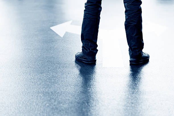 istock Feet and two arrows painted on floor 542300072