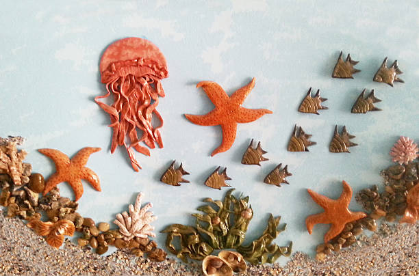 Underwater world of fish, starfish, shells