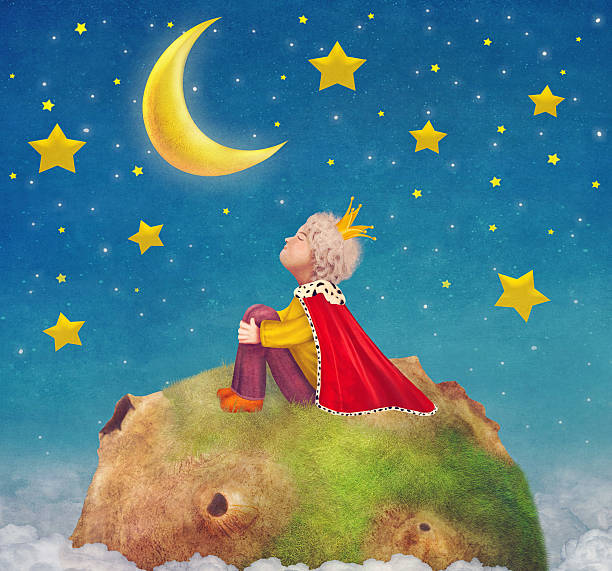 The Little Prince  on a planet  in beautiful night sky vector art illustration