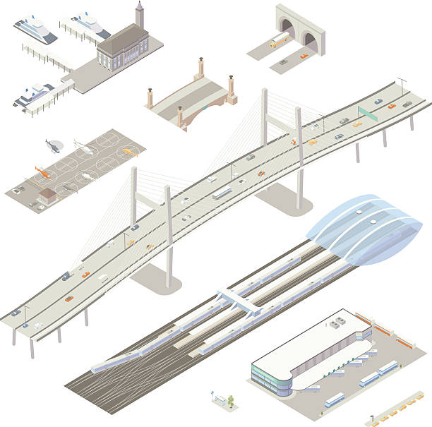 isometrisch transport strukturen - cable stayed bridge illustrations stock-grafiken, -clipart, -cartoons und -symbole