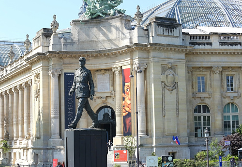 Paris, France - May 25, 2016: Statue of Charles de Gaulle, past President and Statesman of France stands 25 feet above the Champs-Elysees at the Grand Palais.