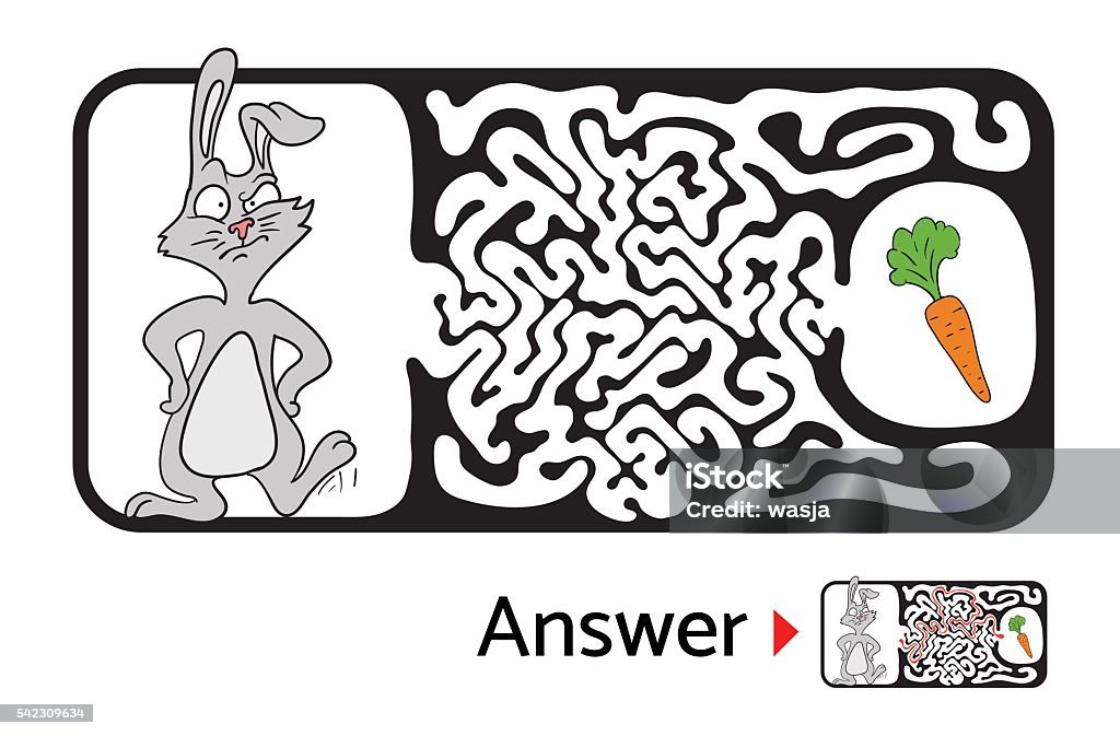 Maze puzzle for kids with rabbit and carrot. Labyrinth illustration Vector maze puzzle for kids with rabbit and carrot, labyrinth illustration with solution. Abstract stock vector