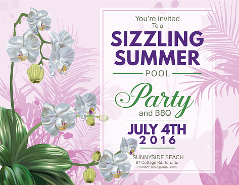 Summer Beach or Pool Party Invitation With orchids and tropical plants. The  text is written on a white transparent frame. Celebration for July 4th party and barbecue invitation. Purple and green theme.
