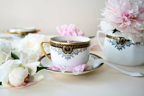 istock antique tea service and fresh peonies, still life 542310806
