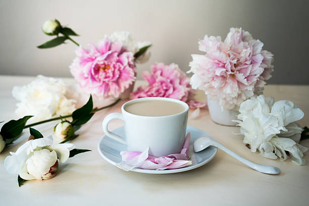 istock cappuccino and fresh peonies, still life 542311026