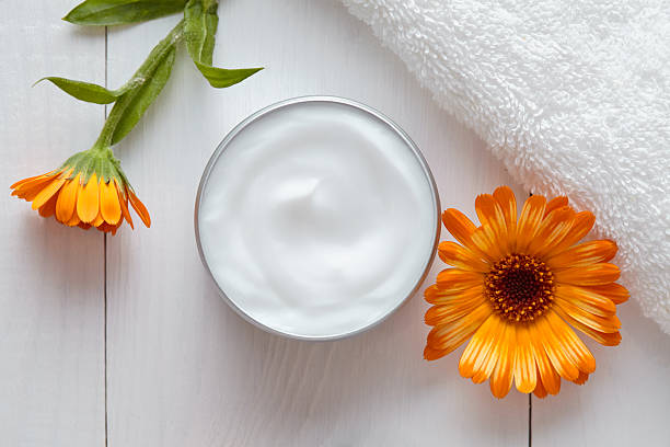 Herbal cosmetic acne cream with calendula skincare natural organic moisturizer stock photo