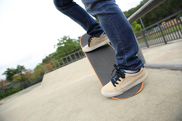 istock skateboarding legs at skatepark 542312300