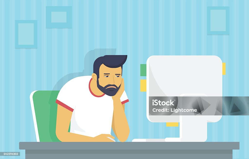 Man is working with computer Tired and bored man is working with computer. Flat fun illustration of tired student studying or working using pc at home desk. Young man reading email or coding a website at his desktop he sleeping Boredom stock vector