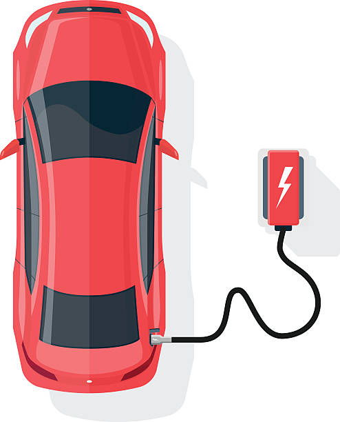 Electric Car Charging at the Charging Station on White Background Flat vector illustration of a red electric car charging at the charger station in cartoon style. Electromobility eco e-motion concept. Top view of an electric car charging on white background. ev charging stock illustrations