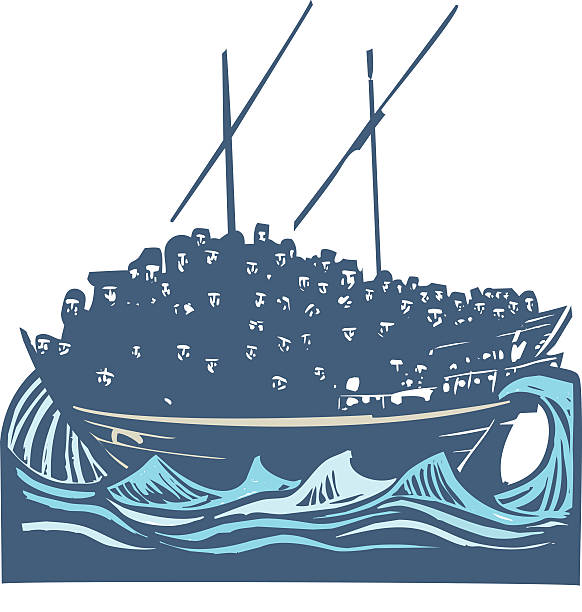 Refugee Migrant Ship Woodcut style image of a crowd of refugees an a traditional Arabic ship called a Dhow dhow stock illustrations